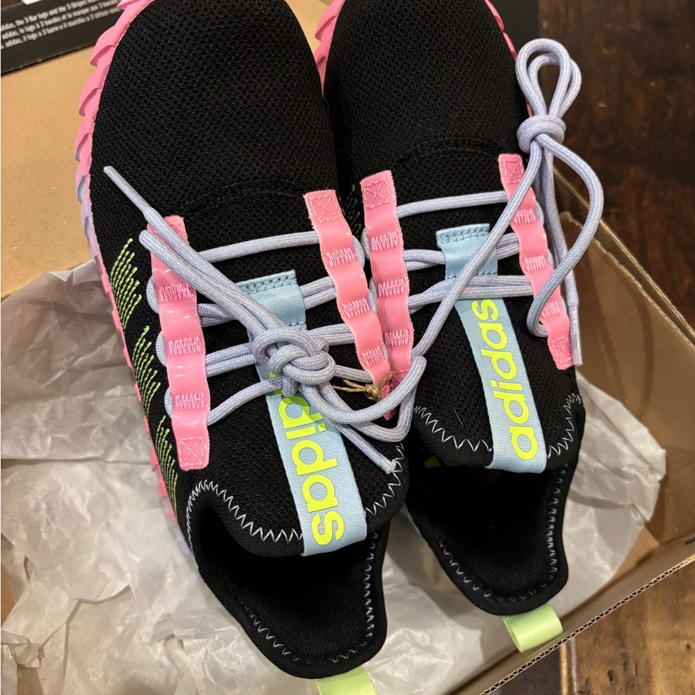 Adidas Kids Black and Pink Sneakers with Neon Accents